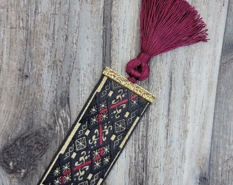 Vintage Jacquard Black, Gold & Burgundy Reversible Ribbon Bookmark with Black Tassel 1.5" Width