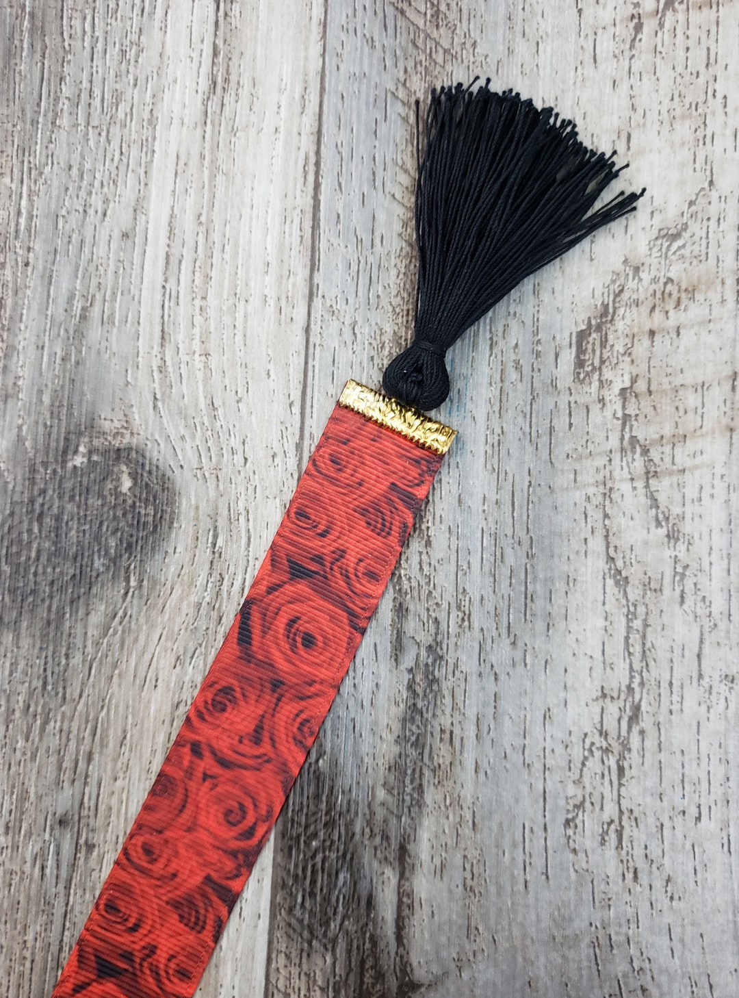 Red Roses Bookmarks Reversible Red Roses Ribbon Bookmark With Black Tassel 7/8