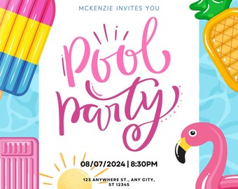 Editable Pool Party Invitation, Text Invitation, Summer Pool Party Birthday Invitation, Electronic Invite, Digital Invitation