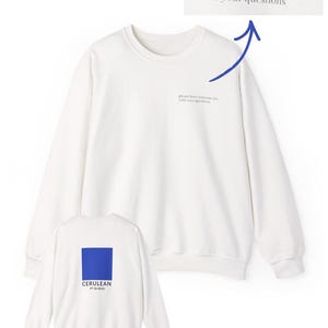 May include: White crew neck sweatshirt with the text "please bore someone else with your questions" printed on the front. The back of the sweatshirt features a blue square with the word "CERULEAN" and the code PT 18-4020.