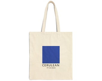 Bolso tote azul cerúleo Pantone, inspirado en El diablo viste de Prada, bolso tote minimalista con estampado gráfico, regalo para amantes de la moda.