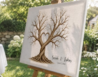 Árbol de huellas dactilares para bodas, libro de firmas personalizado para bodas, árbol de huellas dactilares, lienzo o póster sin tinta de sello.