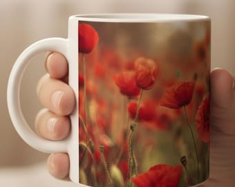 Taza con amapolas rojas | Regalo para mujeres, mamás y abuelas | Taza de café floral