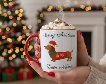 Tazza natalizia personalizzata con bassotto – Regalo di Natale con nome – Regalo per bambini e adulti – Tazza con cane per un Natale felice