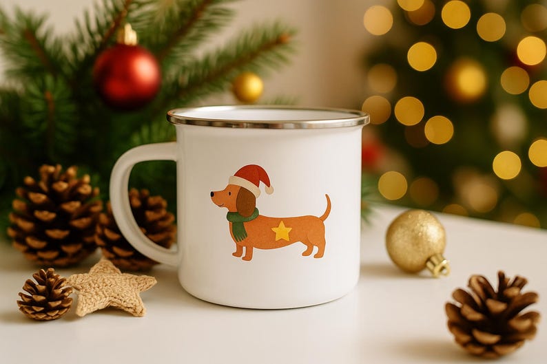 May include: White enamel mug featuring a Christmas dachshund design. The cartoon dog wears a Santa hat, green scarf, and a gold star. The mug has a silver rim and handle. Christmas decor includes pine cones, a star, and baubles.