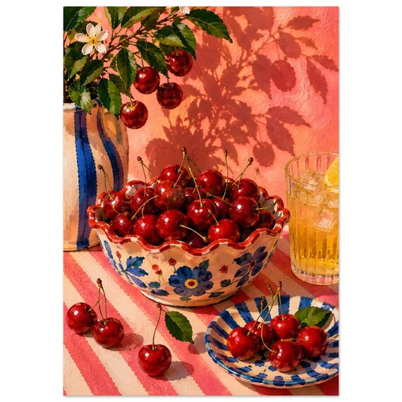 Kirschen Deko, Mediterranes Wandbild, Kirschen Poster, Sommerliche Küchen Deko, ohne Rahmen