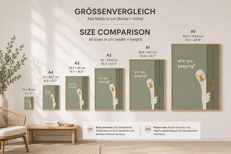 May include: A collection of framed art prints with a humorous goose design, available in various sizes. The prints feature a goose peeking from behind a door with the text "are you pooping?". Sizes range from 5 x 7 inches to 33.1 x 46.8 inches.