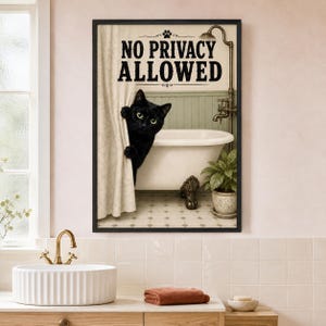 Bathroom Wall Art, Black Cat Print, Funny Bathroom Poster, Powder Room Decor, Cat Lover Gift, Vintage Cat Art, Toilet Wall Decor, Unframed