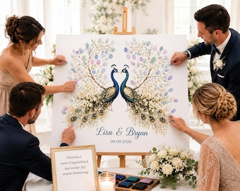 Peacock Wedding Fingerprint Guest Book | Personalized Wedding Canvas | Wedding Guest Book Alternative | Without Ink Pads