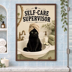 Black Cat Poster, Funny Bathroom Wall Art, Powder Room Decor, Cat Lover Gift, Vintage Cat Print, Cat Bathroom Decor, Spa Decor, Unframed