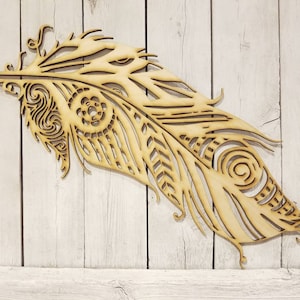 Ornate Bird Feather - laser wood cut sign wall decor  gift wreath unfinished garden nature fairy angel lover