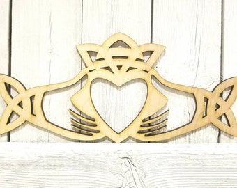 Claddagh Irish Celtic Symbol - laser wood cut sign wall decor unfinished love loyalty friendship ring heart crown hands St. Patrick's Day