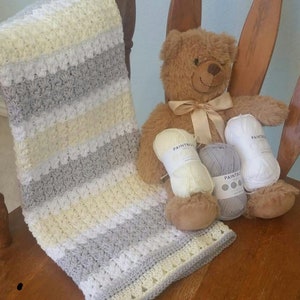 Handmade crochet Baby blanket. Imported 100% COTTON yarn. Pictured Yellow White Grey. Please select color/size when ordering. Made to order.