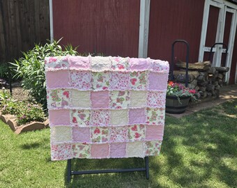 Handmade Pink Baby Rag Quilt, Baby Quilt, Nursery blanket, Baby Shower Gift, Custom Baby Gift, Butterfly Quilt, Flowers and hearts quilt.