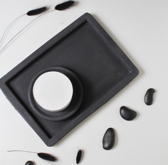 Tablett modern, Beton, Küchen Ablage Deko Tablett für Küche Bad, Geschenkidee, schwarz, hellgrau Beton, Breite: 18 cm Länge 25,5 cm modern