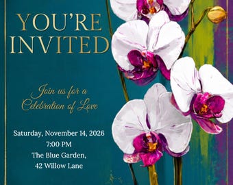Op de afbeelding: Een blauwgroene uitnodigingskaart met witte en magentakleurige orchideeën aan de rechterkant. De tekst luidt: YOU'RE INVITED, Join us for a Celebration of Love, Saturday, November 14, 2026, 7:00 PM, The Blue Garden, 42 Willow Lane, Maya Chen, maya.chen@example.com.