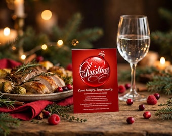 Op de afbeelding: Een rechthoekige kerstuitnodigingskaart met een grote rode kerstbalafbeelding en de tekst "Christmas" en "Come hungry. Leave merry." samen met evenementdetails, rechtopstaand op een houten tafel naast een bord met eten.