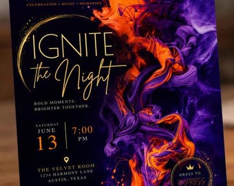 Op de afbeelding: Een rechthoekige uitnodigingsflyer met een donkere achtergrond en wervelende oranje en paarse rookachtige patronen. De tekst luidt: YOU ARE INVITED TO AN EVENING OF CELEBRATION MUSIC MEMORIES IGNITE the Night BOLD MOMENTS BRIGHTER TOGETHER.