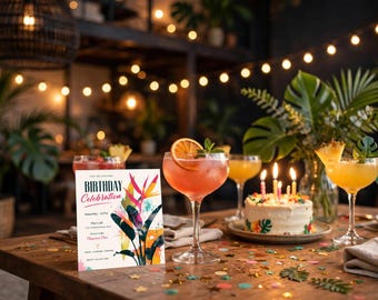 Op de afbeelding: Een rechthoekige uitnodigingskaart voor een verjaardagsfeest met een kleurrijke tropische bloemenillustratie, naast een roze cocktail in een glas op voet, een kleine taart met brandende kaarsjes en andere tropische drankjes op een houten tafel.