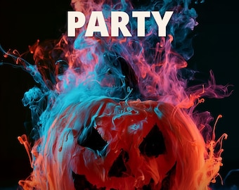 Op de afbeelding: Een Halloween-feestuitnodigingsflyer met een uitgesneden pompoen omringd door wervelende blauwe en oranje rook. De tekst luidt: YOU'RE INVITED HALLOWEEN PARTY Saturday, October 31, 2026 8:00 PM The Haunted Garden 1313 Moonlight Lane, Miami Beach.