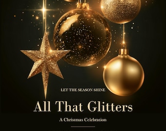 Op de afbeelding: Een zwarte uitnodigingskaart met gouden kerstballen en een ster. De tekst luidt: LET THE SEASON SHINE, All That Glitters, A Christmas Celebration, DECEMBER 18, 2026, 7:00 PM, HOSTED BY OLIVIA & JAMES, 218 EVERGREEN LANE, MIAMI BEACH, Dinner, dancing & holiday cocktails, Dress to sparkle, RSVP to Olivia by December 11, 305-555-0128.