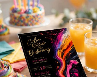 Op de afbeelding: Een rechthoekige verjaardagsuitnodiging met een zwarte achtergrond en levendige, wervelende strepen van roze, oranje en gele verf. De tekst luidt: Color Outside the Ordinary, Join Us for a Birthday Celebration, Saturday June 20, 7:00 PM Till Late, The Vivid Loft, 1234 Creative Way, Austin, TX 78701, RSVP by June 10th to 512.555.0198 of emma@celebrate.com.