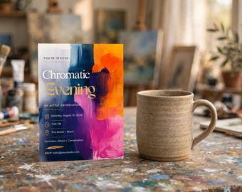 Op de afbeelding: Een rechthoekige uitnodigingskaart met abstracte penseelstreken in marineblauw, oranje en magenta, met de tekst "Chromatic Evening" en evenementdetails, naast een beige, getextureerde keramische mok met een handvat.