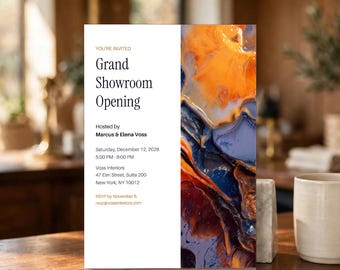 Sjabloon voor uitnodiging voor de opening van een showroom (bewerkbaar, Canva) Uitnodiging voor de lancering van een bedrijf (5x7 inch, digitaal te downloaden, printbaar)