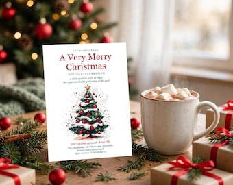 Op de afbeelding: Een witte rechthoekige kerstuitnodigingskaart met de tekst A Very Merry Christmas, een aquarelillustratie van een versierde kerstboom en evenementdetails, waaronder de datum 19 december 2026 om 18:00 uur.