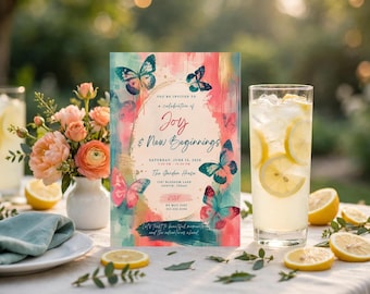 Op de afbeelding: Een rechthoekige uitnodigingskaart met een aquarelontwerp in roze, groenblauw en goud, versierd met vlinderillustraties. De tekst luidt: You're invited to a celebration of Joy & New Beginnings, Saturday, June 13, 2026.