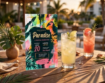 Op de afbeelding: Een rechthoekige uitnodigingskaart met een levendig tropisch ontwerp met illustraties van een toekan en palmbladeren. De tekst luidt: You're invited to Paradise, A Tropical Celebration, Saturday June 20, 6:30 PM, The Palm House, 123 Sunset Drive, Miami, FL 33139.