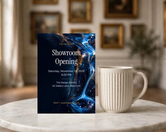 Op de afbeelding: Een rechthoekige uitnodigingskaart met een donkerblauw en goudkleurig marmerpatroon met de tekst Showroom Opening, Saturday, November 14, 2026, 6:00 PM, The Design District, 42 Gallery Lane, New York, en een witte geribbelde keramische mok.
