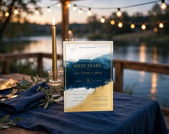 Op de afbeelding: Een rechthoekige uitnodigingskaart met een diepblauwe aquarelwas, goudfolie accenten en witte ruimtes. De tekst luidt: You're invited to a celebration of sixty years of love, family & legacy, June 20 at 6:00 PM, met details over het evenement.