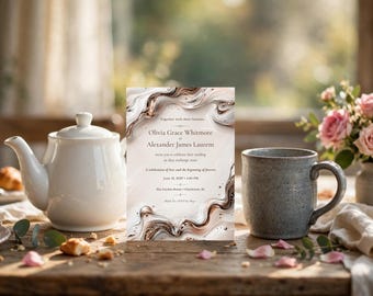 Op de afbeelding: Een rechthoekige trouwkaart met een wervelend abstract patroon in witte, crèmekleurige en metallic koperen tinten. De tekst luidt: Together with their families, Olivia Grace Whitmore and Alexander James Laurent, invite you to celebrate their wedding as they exchange vows. A celebration of love and the beginning of forever. June 18, 20XX at 2:00 PM. The Garden Room, Charleston, SC. Mark Yes or RSVP by May 1.