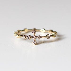 Sparkling Cross Rosary Ring 14k 18k Solid Gold CZ Diamond Catholic Ring