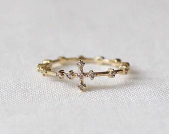 Sparkling Cross Rosary Ring 14k 18k Solid Gold CZ Diamond Catholic Ring