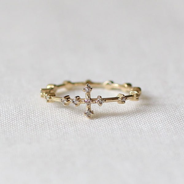 Sparkling Cross Rosary Ring 14k 18k Solid Gold CZ Diamond Catholic Ring