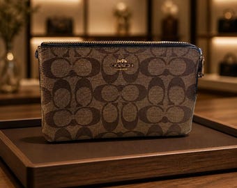 Coach Double Zip Wristlet Signature Coated Canvas Brown Tan