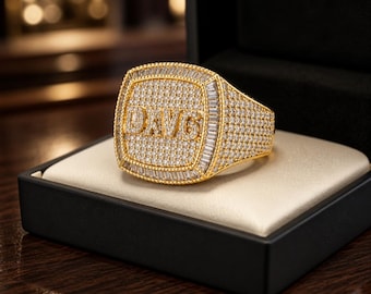 Men's Gold-Tone CZ Iced Out DAV6 Hip Hop Signet Ring Size 13 Baguette Pave
