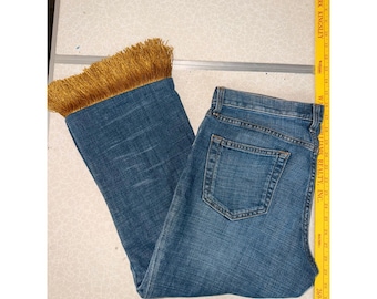 Gap Long and Lean Stretch Flare Jeans Blue Denim Gold Fringe Hem Womens 10 Long