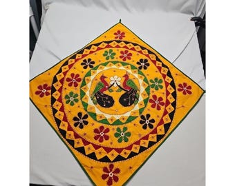 Indian Applique Embroidered Peacock Flowers Wall Hanging 32" x 32"