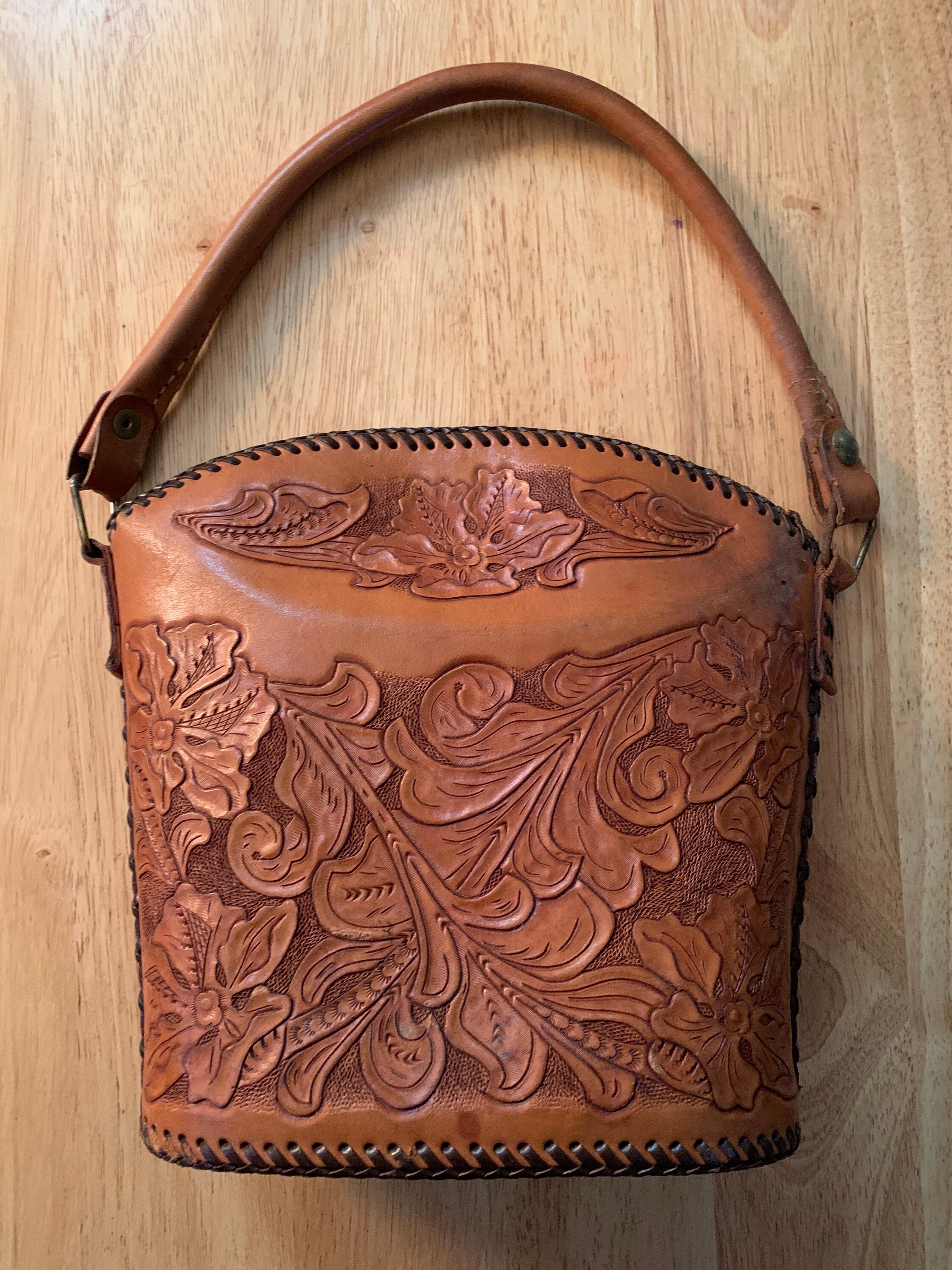 Vintage leather handmade purse floral design brown leather Etsy Nederland