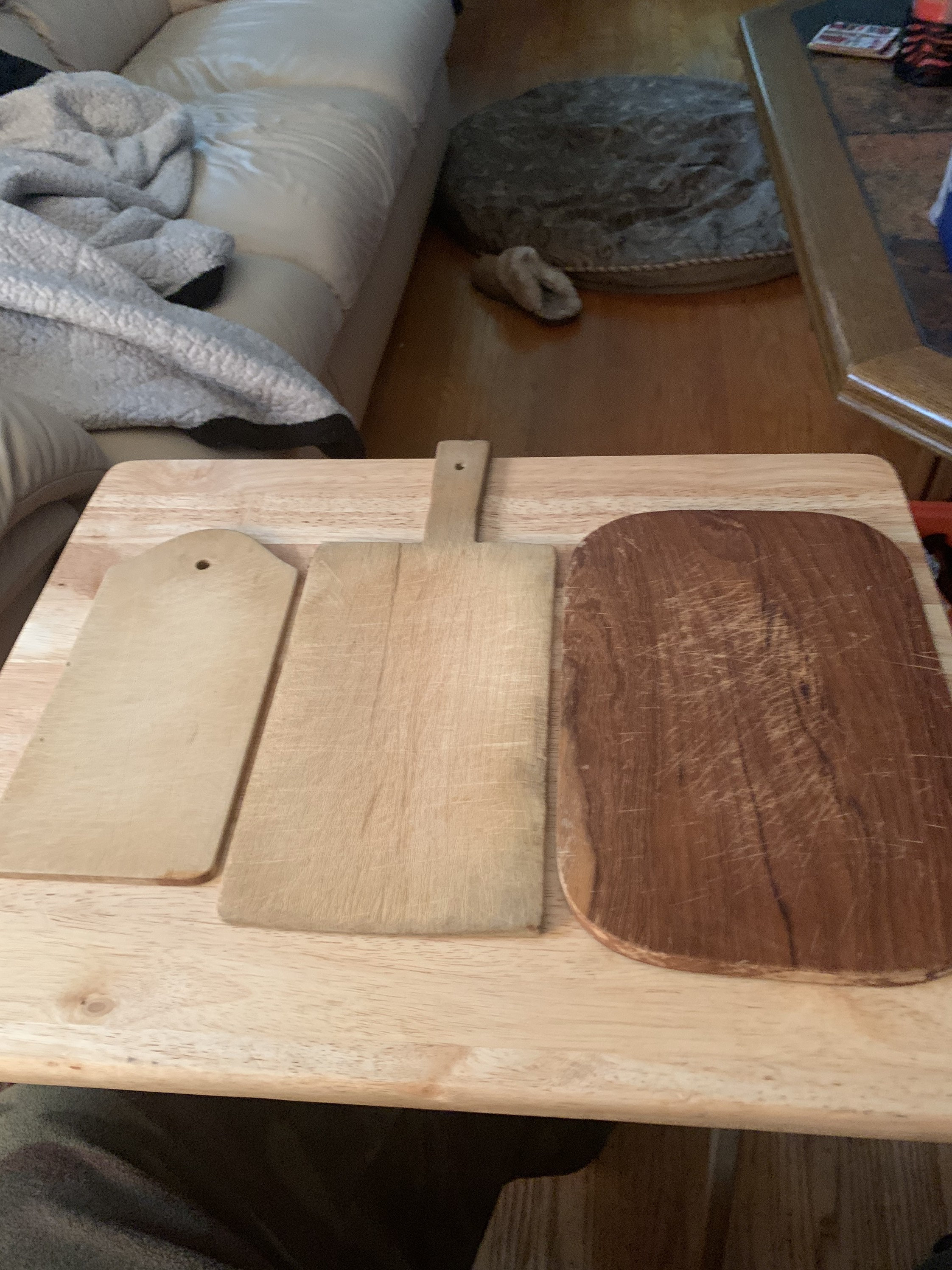 Vintage Hot pot holder and three Wood cutting boards from Etsy