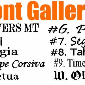 May include: A list of ten different fonts, numbered 1 through 10, with the title "Font Gallery" in orange text at the top of the image.