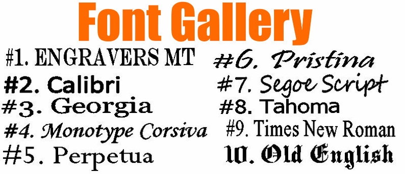 May include: A list of ten different fonts, numbered 1 through 10, with the title "Font Gallery" in orange text at the top of the image.