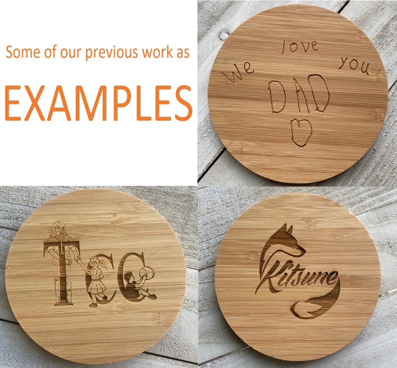May include: Four round wooden coasters with different designs. The first coaster has the text "We love Dad" with a heart drawn below. The second coaster has the text "T.C." with two figures of children. The third coaster has a fox design with the text "Kitsune". The fourth coaster has a simple design with the text "Kitsune".