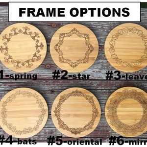 May include: Six different wood coasters with various engraved designs. The designs include a spring, star, leaves, bats, oriental, and mirror. The coasters are numbered 1 through 6.