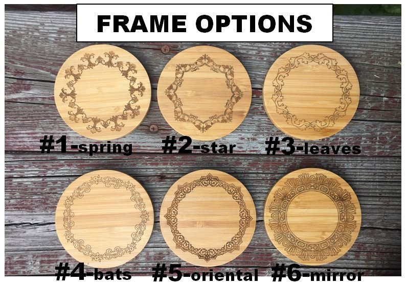 May include: Six different wood coasters with various engraved designs. The designs include a spring, star, leaves, bats, oriental, and mirror. The coasters are numbered 1 through 6.