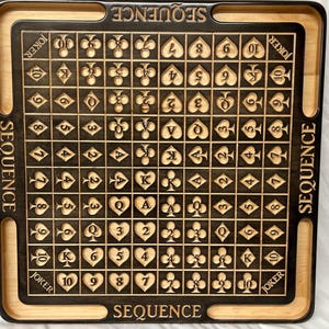 May include: A wooden game board with a black playing surface and a light wood frame. The board is marked with the numbers 2 through 10, the letters J, Q, K, and A, and the word "JOKER". The board is designed for the game "SEQUENCE".