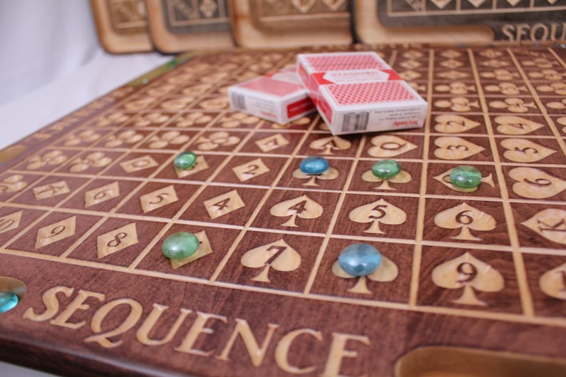 Pu&ograve; includere: Un tabellone da gioco in legno con la scritta "SEQUENCE" stampata su di esso. Il tabellone ha una griglia di quadrati con numeri e semi di carte da gioco. Ci sono biglie di vetro verdi e blu sul tabellone.